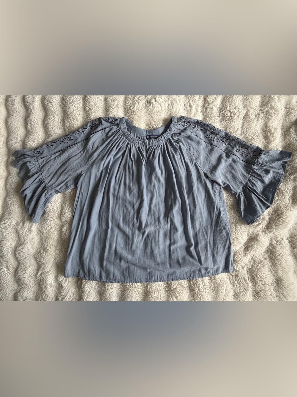 Democracy Blue Eyelet Embroidered Bell Sleeve Blouse 2X
